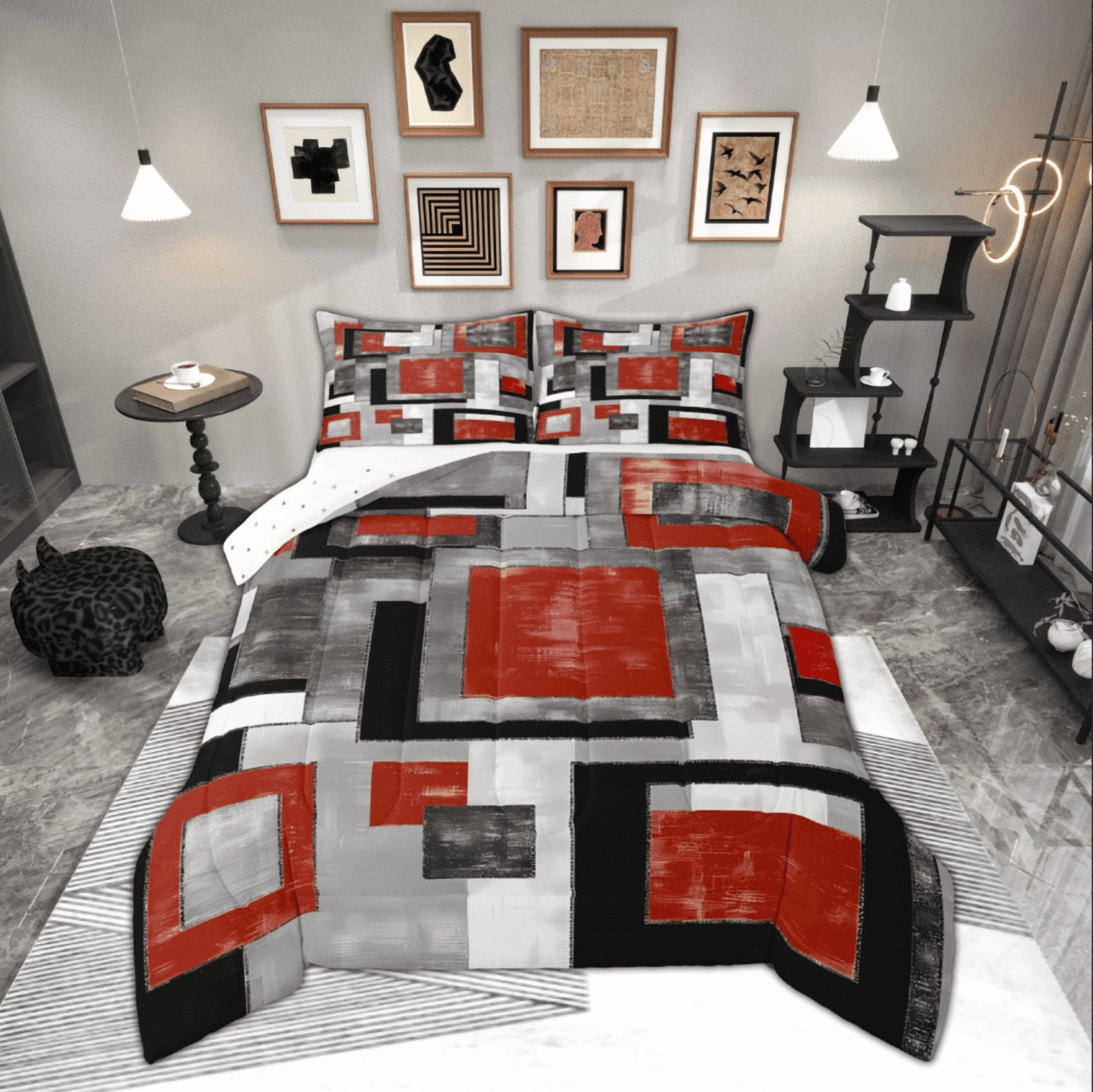 Photo inspiration: Visual Reference: Manfei Red Grey Abstract Full Size Comforter Sets Chic Minimalism