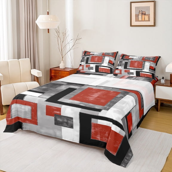 Manfei Red Grey Abstract Queen Sheet Sets, Chic Minimalism Flat Sheet, Teen Child Kid Adult Queen Fitted Sheet, Luxury Bedroom Decor, 4 Pieces