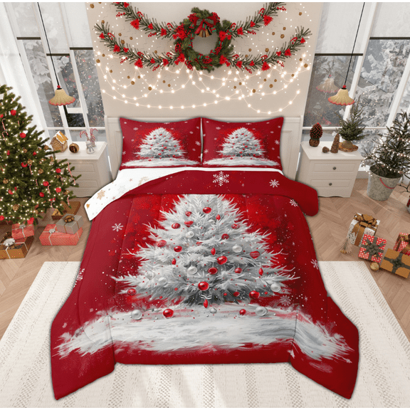 Manfei Red Grey Christmas Tree Bedding Comforter Set, Winter Snowflake Twin Comforter Sets, Teens Boys Girls Kids Reversible Bedding Set, Microfiber Bedroom Decor, 2-Piece