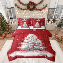 Manfei Red Grey Christmas Tree Twin Bedding Sets 7-Piece, Winter Snowflake Bedding Comforter Set, Teens Boys Girls Kids Reversible Sheet Sets, Microfiber Bedroom Decor