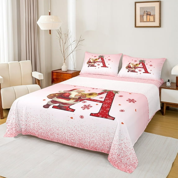 Manfei Red Initial A Letter Twin Sheet Sets, Kawaii Cartoon Santa Claus Twin Fitted Sheet, Merry Christmas Flat Sheet, Luxury Bedroom Decor, 3pcs