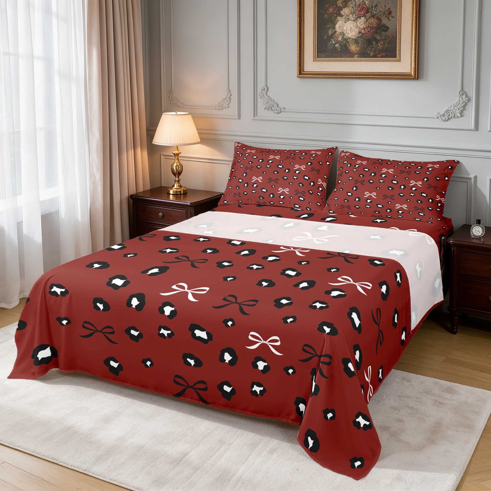 Baby Animal Ribon Manfei Red Leopard Bows Bed Sheets, White Ribbon Dots Full Size Sheets ...
