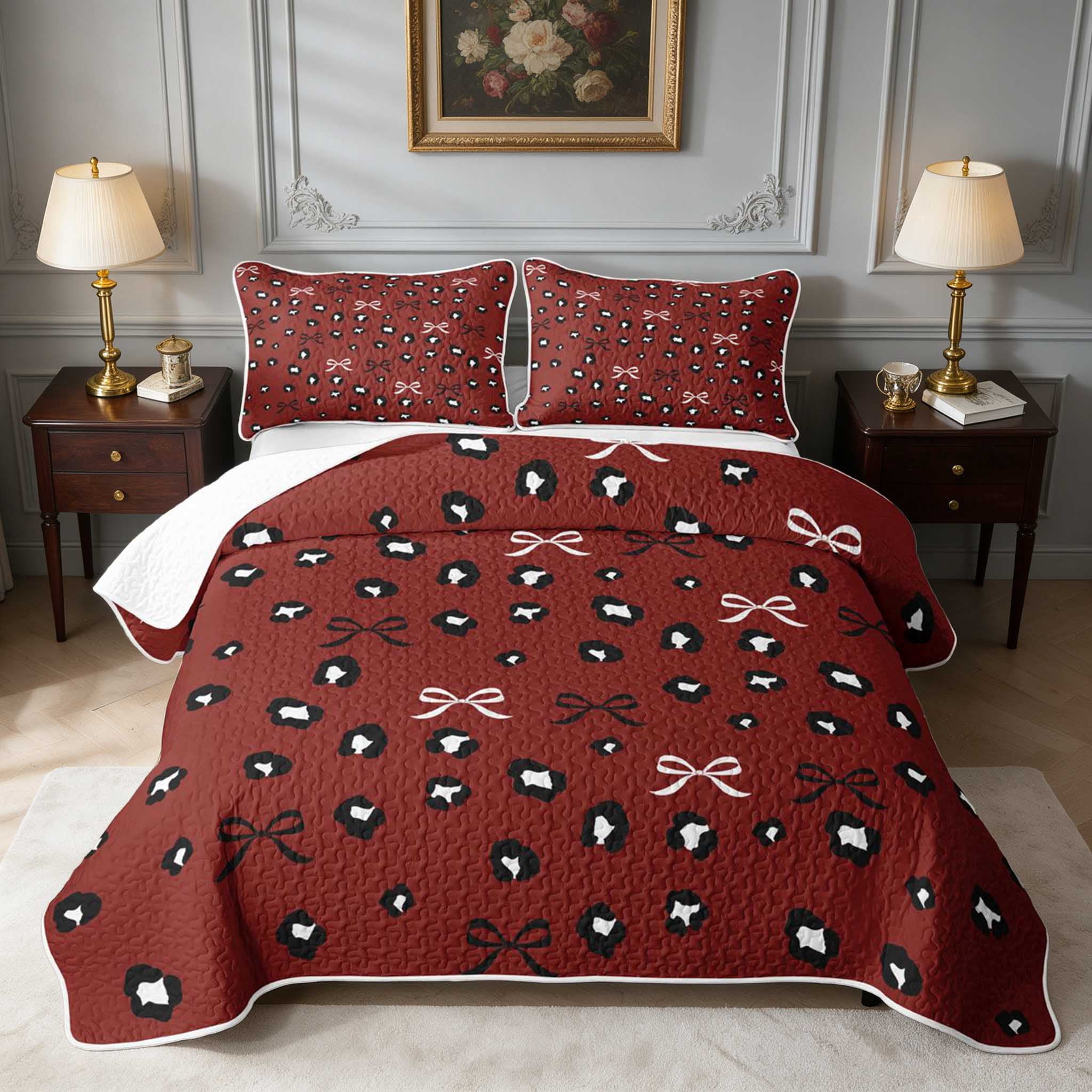 Baby Animal Ribon Manfei Red Leopard Bows Quilt Full, White Ribbon Dots Full Bedspread ...