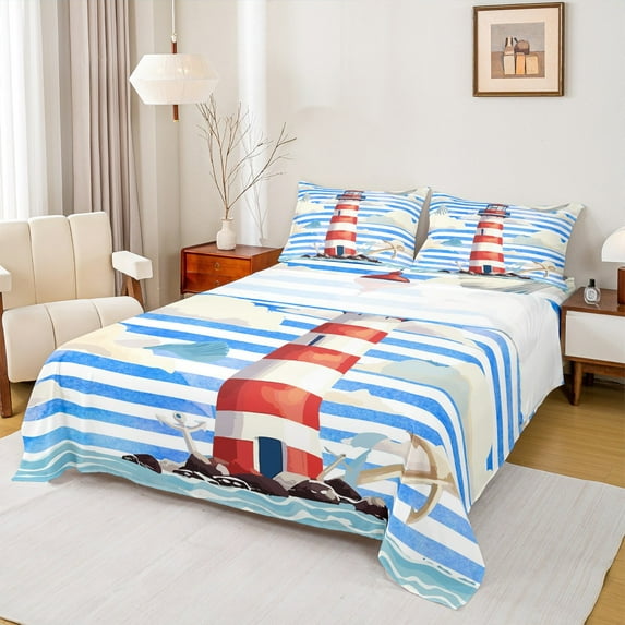 Manfei Red Lighthouse Bed Sheets Full, Blue Stripes Full Sheet Sets, Ocean Theme Bedding Sets Full Size, Microfiber Room Decorative, 4 Pieces