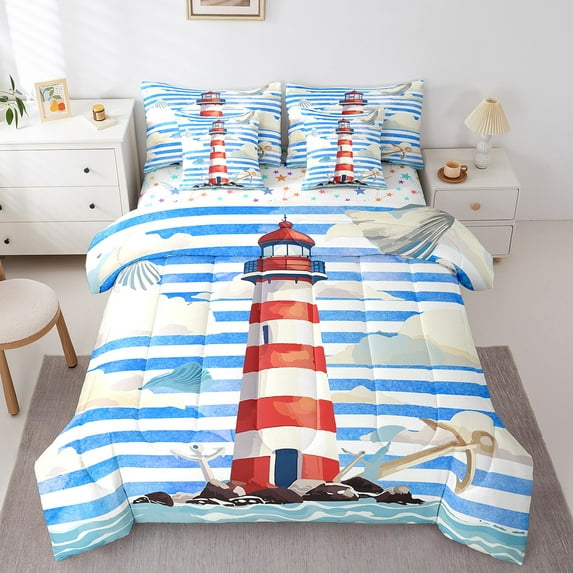 Manfei Red Lighthouse Bedding Sets Twin Size, Blue Stripes Bed in a Bag Twin size, Ocean Theme Reversible Comforter Sets with Sheets, Microfiber Room Decorative, 7 Pieces
