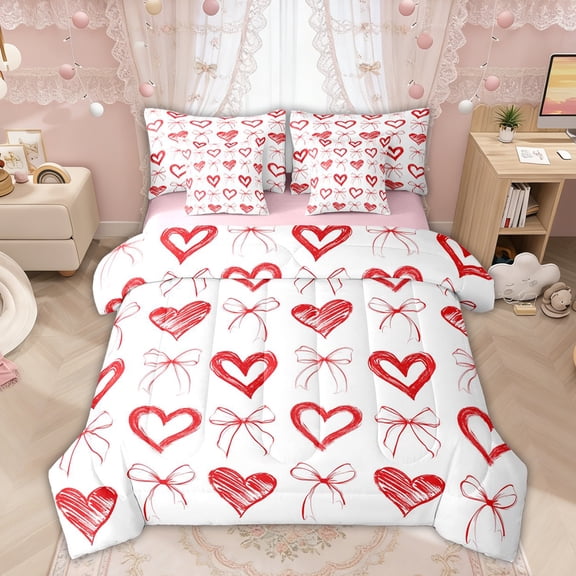 Manfei Red Love Hearts Bows Print Bedding Comforter Set for Girls, Cute Love Bows Queen Bedding Sets, Pink Reversible, 7pcs
