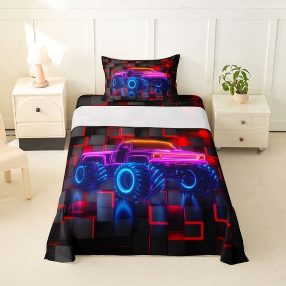 Manfei Red Monster Truck Twin Sheets,Neon Pixel Geometric Bedding,3pcs,1 Fitted Sheet and 1 Pillowcase