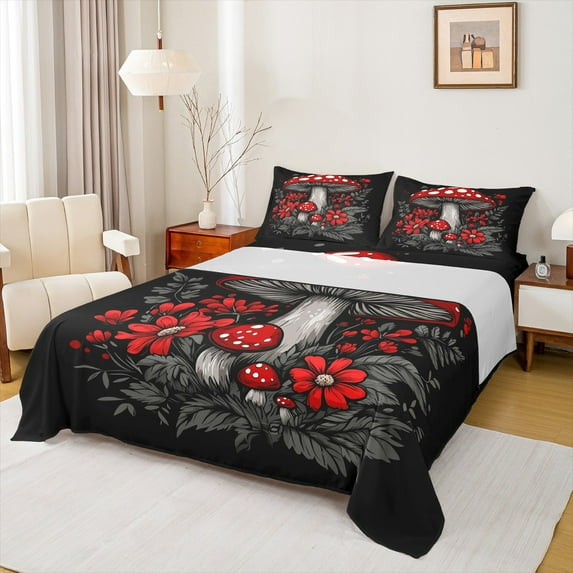 Manfei Red Mushroom Bed Sheets,Natural Plant King Sheets,Rustic Flower Floral Sheet Set For Child,Super Cozy Room Decor,4pcs