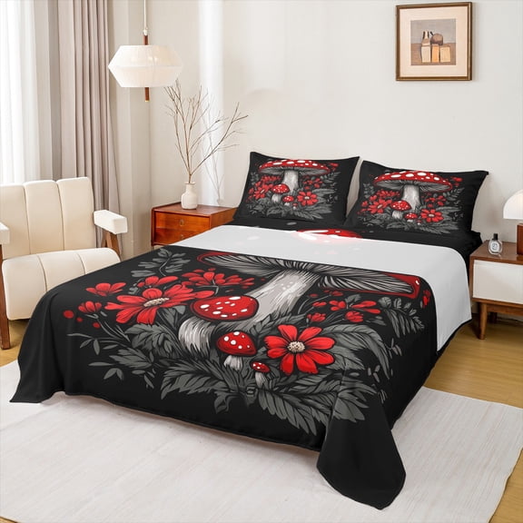 Manfei Red Mushroom Bed Sheets,Natural Plant King Sheets,Rustic Flower Floral Sheet Set For Child,Super Cozy Room Decor,4pcs