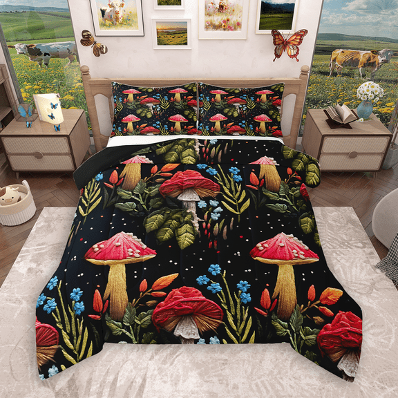Manfei Red Mushroom Bedding Comforter Set 2pcs, Botanical Plant Theme Twin Comforter Sets, Green Leaves Bedding Set, Luxury Bedroom Decor