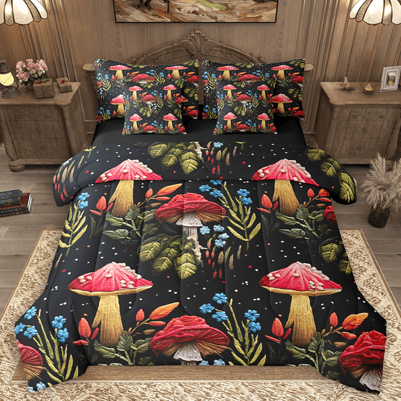 Manfei Red Mushroom Bedding Comforter Set 7pcs, Botanical Plant Theme King Bedding Sets, Green Leaves Bed Sheets, Luxury Bedroom Decor