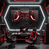 Manfei Red Neon Gamepad Canvas Wall Art Bedroom, Gradient Honeycomb Framed Wall Art Set of 3, Gamer Gaming Wall Decor for Living Room, Luxury Living Room Decoration