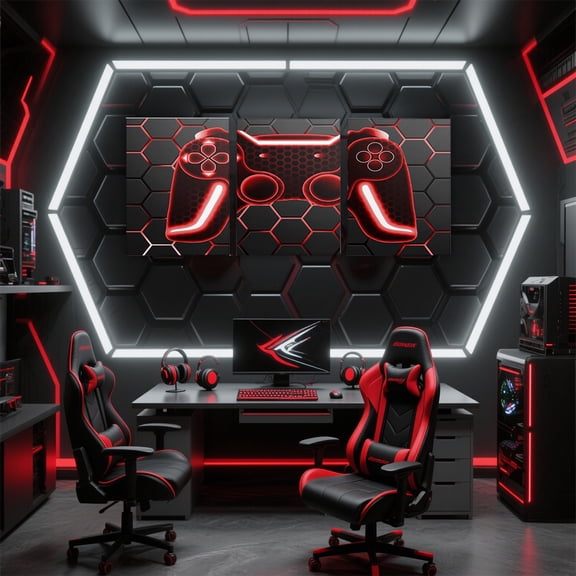 Manfei Red Neon Gamepad Canvas Wall Art Bedroom, Gradient Honeycomb Framed Wall Art Set of 3, Gamer Gaming Wall Decor for Living Room, Luxury Living Room Decoration