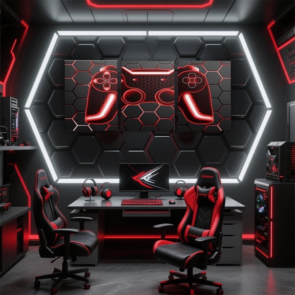 Manfei Red Neon Gamepad Canvas Wall Art Bedroom, Gradient Honeycomb Framed Wall Art Set of 3, Gamer Gaming Wall Decor for Living Room, Luxury Living Room Decoration