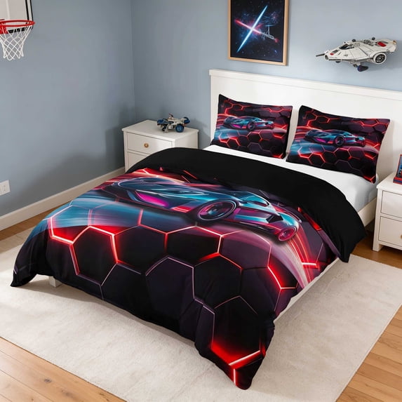 Manfei Red Neon Hexagon Duvet Cover Queen, Speeding Sports Car Queen ...
