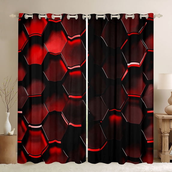 Manfei Red Neon Honeycomb Kitchen Curtains, Glowing 3D Hexagon Black Out Curtains Pack of 2 (42x63 Each)