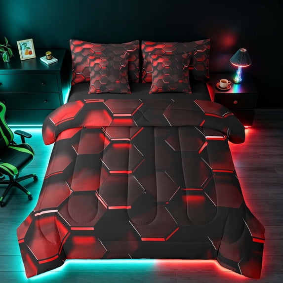 Manfei Red Neon Honeycomb Twin Bedding, Glowing 3D Hexagon Bedding Comforter Set, Black Reversible 7pcs