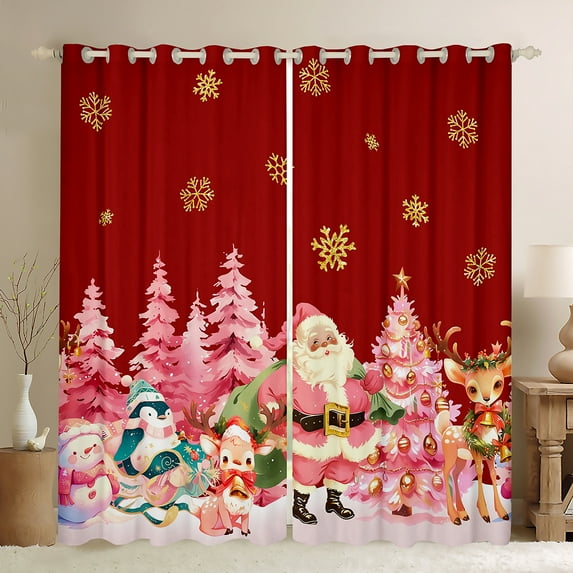 Manfei Red Pink Christmas Curtains Pack of 2 (42x84 Each) for Child, Funny Santa Claus Curtains Blackout, Winter Snowman Penguin Bedroom Curtains, Living Room Curtains Decor