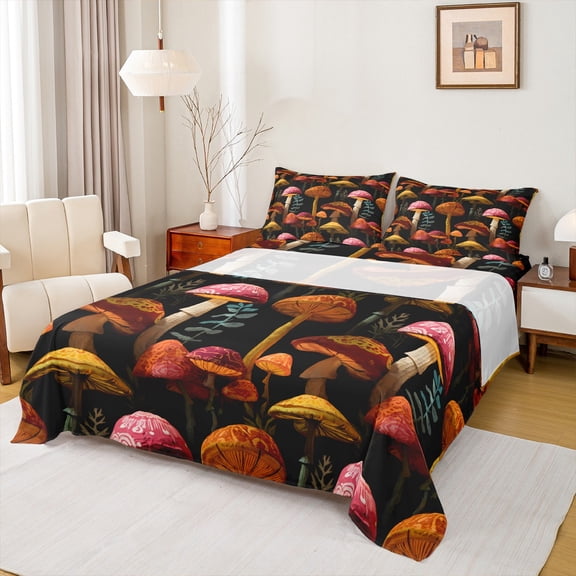 Manfei Red Pink Mushroom Twin Sheet Sets 3pcs, Botanical Plant Theme Twin Fitted Sheet, Green Leaves Flat Sheet, Lightweight Room Decor