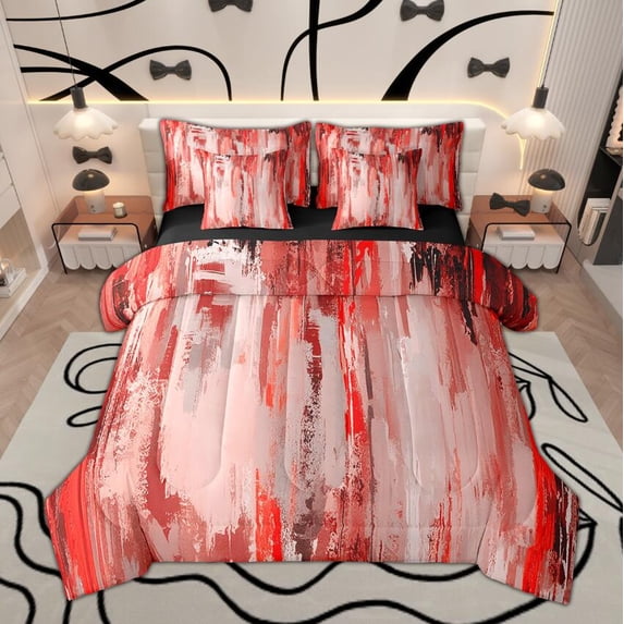 Manfei Red Pink Ombre Bedding Comforter Set 7-Piece for Girls, Watercolor Oil Painting King Bedding Sets, Abstract Gradient Art Bed Sheets, Ultra Soft Bedroom Decor
