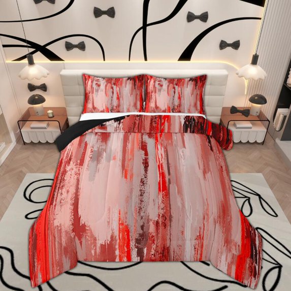 Manfei Red Pink Ombre King Size Comforter Sets for Girls, Watercolor Oil Painting Bedding Comforter Set, Abstract Gradient Art Bedding Set, Ultra Soft Bedroom Decor, Reversible 3-Piece