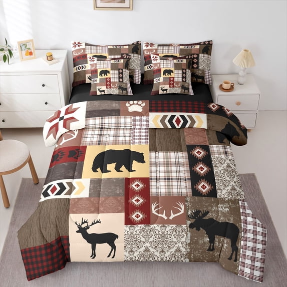 Manfei Red Plaid Wildlife 7 Pieces Full Size Bedding Sets,Pine Patch Full Size Bed in a Bag,Black Reversible