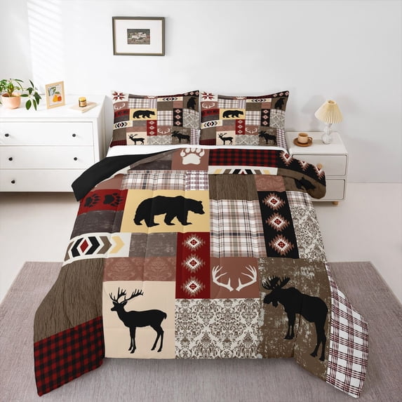 Manfei Red Plaid Wildlife Full Size Comforter Sets,Pine Patch Bedding Comforter Set,Black Reversible,3 Pieces,1 Comforter and 2 Pillowcases