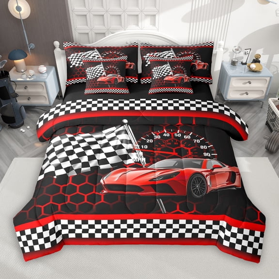 Manfei Red Racing Car 7-Piece Twin Bedding Sets for Boys, Modern Checkered Flag Bedding Comforter Set, Fashion Honeycomb Reversible Sheet Sets, Luxury Bedroom Decor