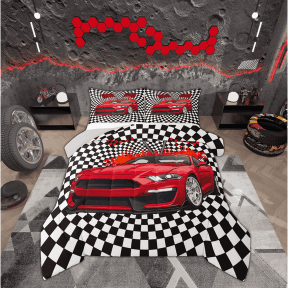 Manfei Red Racing Car Bedding Sets Twin with Comforter, Checkered Flag Duvet Insert, Extreme Sports Reversible Comforter Sets Twin Size, Microfiber Bedroom Decoration, 2-Piece
