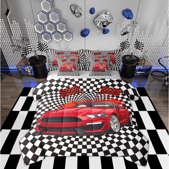 Manfei Red Racing Car Bedding Twin Size, Checkered Flag Bed Set, Extreme Sports Reversible Bedding Sets Twin Size, Microfiber Bedroom Decoration, 7-Piece