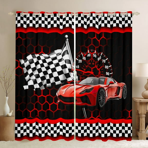 Manfei Red Racing Car Black Out Curtains for Boys, Modern Checkered Flag Curtains Pack of 2 (42x63 Each), Fashion Honeycomb Bedroom Curtains, Window Curtains Bedroom Decor
