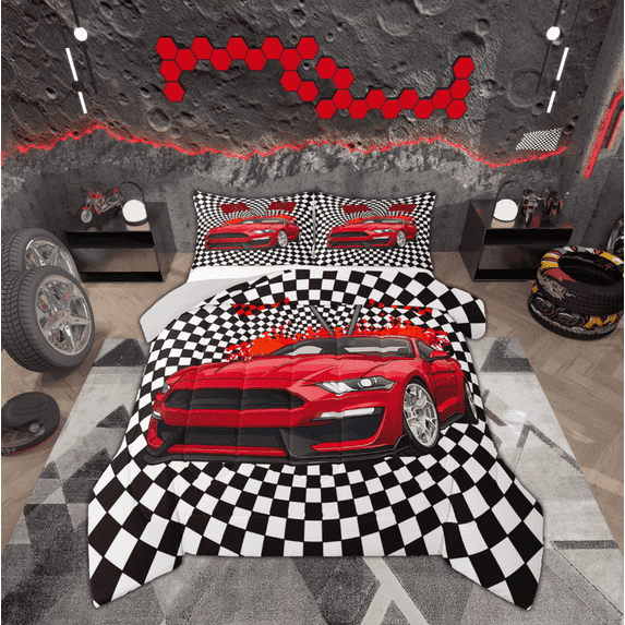 Manfei Red Racing Car Comforter Sets Full Size, Checkered Flag Down Comforter, Extreme Sports Reversible Bedding Full Comforter Set, Microfiber Bedroom Decoration, 3-Piece