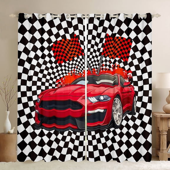 Manfei Red Racing Car Curtains and Drapes (42x63), Checkered Flag Blackout Curtains for Bedroom, Extreme Sports Curtains for Living Room, Living Room Curtains Bedroom Decoration