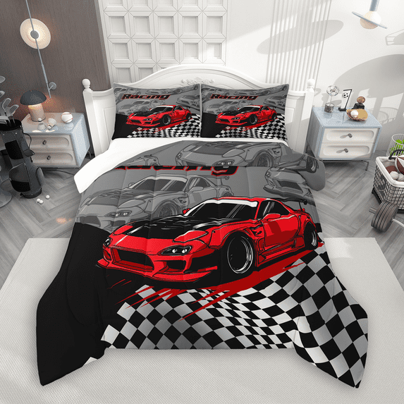 Manfei Red Racing Car Full Size Comforter Sets 3-Piece for Boys, Speed Sports Car Bedding Comforter Set, Black White Plaid Flag Bedding Sets, Super Cozy Room Decor