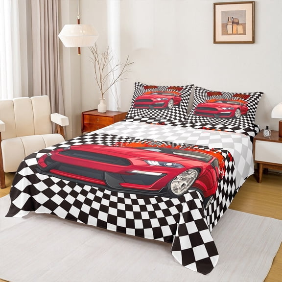 Manfei Red Racing Car Sheet Set Full, Checkered Flag Bed Sheets Set Full Size, Extreme Sports Full Sheet Sets, Microfiber Bedroom Decoration, 4-Piece