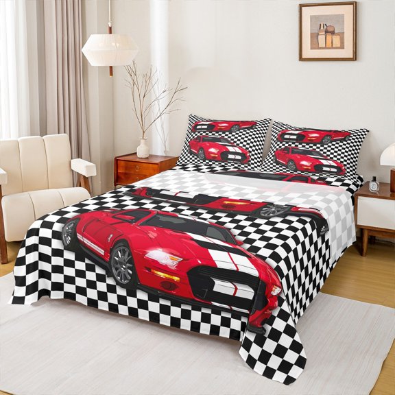 Manfei Red Racing Car Twin Sheet Sets for Boys, Black White Checkered Buffalo Twin Fitted Sheet, Extreme Sport Flat Sheet, Luxury Bedroom Decor, 3-Piece