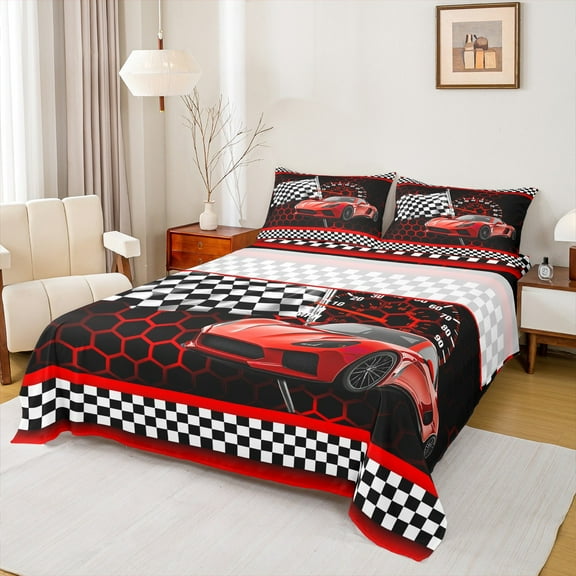 Manfei Red Racing Car Twin Sheet Sets for Boys, Modern Checkered Flag Twin Fitted Sheet, Fashion Honeycomb Flat Sheet, Luxury Bedroom Decor, 3 Pieces