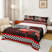 Manfei Red Racing Car Twin Sheet Sets for Boys, Modern Checkered Flag Twin Fitted Sheet, Fashion Honeycomb Flat Sheet, Luxury Bedroom Decor, 3 Pieces