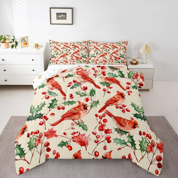 Manfei Red Robin Bird Bedding Comforter Set, Winter Plant Botanical Twin Comforter Sets, Merry Christmas Reversible Bedding Set, Ultra Soft Home Decor, 2pcs