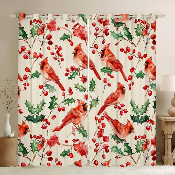 Manfei Red Robin Bird Curtains Pack of 2 (42x84 Each), Winter Plant Botanical Curtains Blackout, Merry Christmas Bedroom Curtains, Curtains and Drapes Home Decor