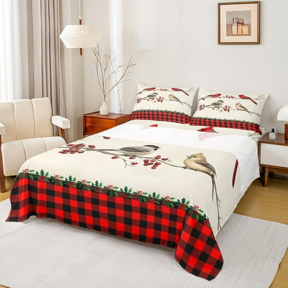 Manfei Red Robin Bird Twin Sheet Sets, Black Red Plaid Twin Fitted Sheet, Leaf Plant Buffalo Flat Sheet, Super Cozy Room Decor, 3-Piece