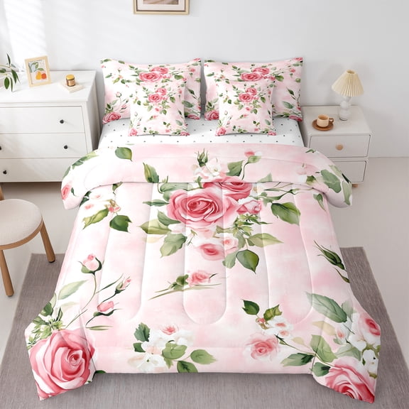 Manfei Red Rose Floral 7 Pieces Bedding Comforter Set,Romantic Flower Full Bedding Set,Rustic Farmhouse Cabin Fitted Sheet Flat Sheet For Girl Teens,Ultra Soft Home Decor