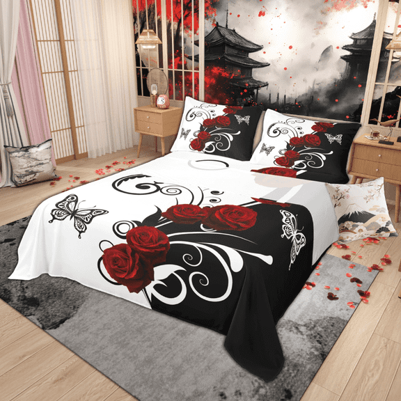 Manfei Red Rose Floral Bed Sheets Twin for Girls, Black and White Bedding Twin Size, Butterfly Print Bedroom Set, Breathable Room Decor, Top Sheet + Fitted Sheet + Pillowcase