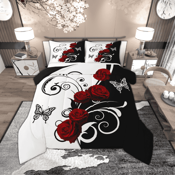 Manfei Red Rose Floral Comforter Sets Toddler Size for Girls, Black and White Comforters & Duvets, Butterfly Print Bedding Toddler Comforter Set, Breathable Room Decor, 2-Piece Reversible