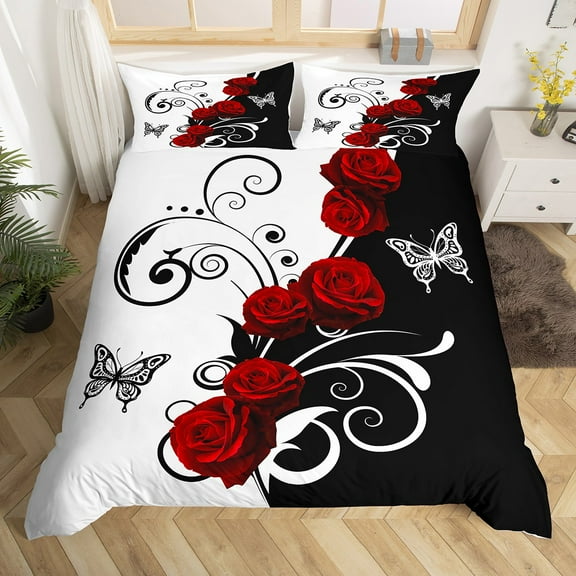 Manfei Red Rose Floral Duvet Cover Toddler for Girls, Black and White Bedding Sets Toddler Size, Butterfly Print Comforter Cover Toddler, Breathable Room Decor, Zipper Closure and Reversible 2 Pieces