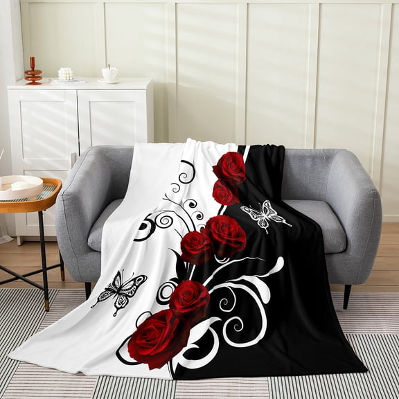 Manfei Red Rose Floral Flannel Blanket 90x90 for Girls, Black and White Sherpa Throw, Butterfly Print Plush Throw Blanket, Breathable Room Decor