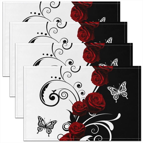 Manfei Red Rose Floral Place Mats Set of 4 for in Door Dinning for Girls, Black and White Table Place Mats for in Door Dining, Butterfly Print Table Mats for Dining Table, Stylish Room Decor
