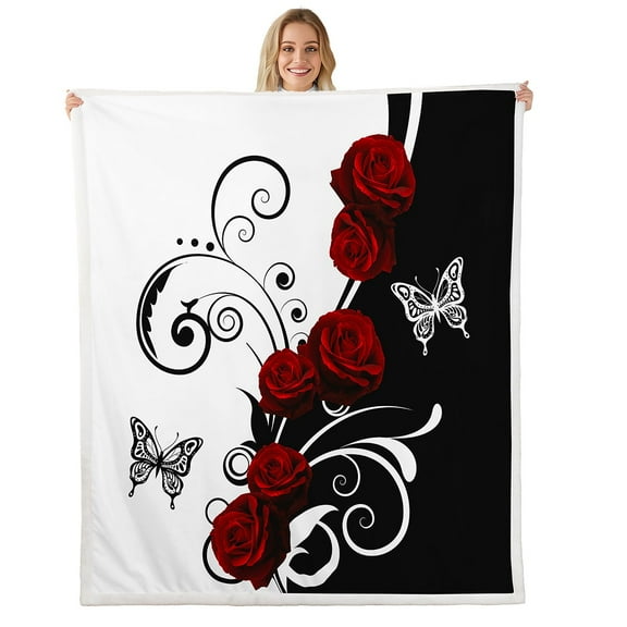 Manfei Red Rose Floral Sherpa Blanket 50x60 for Girls, Black and White Fuzzy Blanket Throw, Butterfly Print Flannel Blanket, Breathable Room Decor