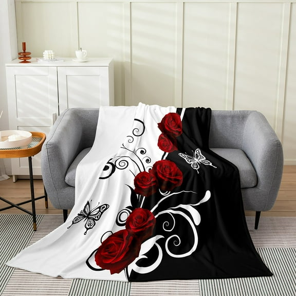 Manfei Red Rose Floral Sherpa Blanket 50x60 for Girls, Black and White Fuzzy Blanket Throw, Butterfly Print Fleece Blanket, Breathable Room Decor