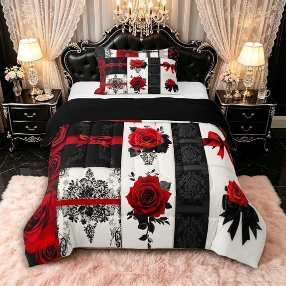Manfei Red Roses Bowknot Twin Comforter Sets 3-Piece for Girls,Chic Flowers Bohemian Damask Bedding Set for Teens Female,Black Reversible,Microfiber Bedroom Decor
